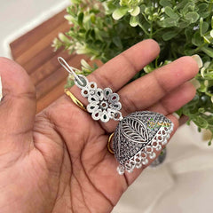 Vriksham Navratna Style Floral Dangles With Pearl Fringes Jhumka Earrings-Aqua Green-S1109