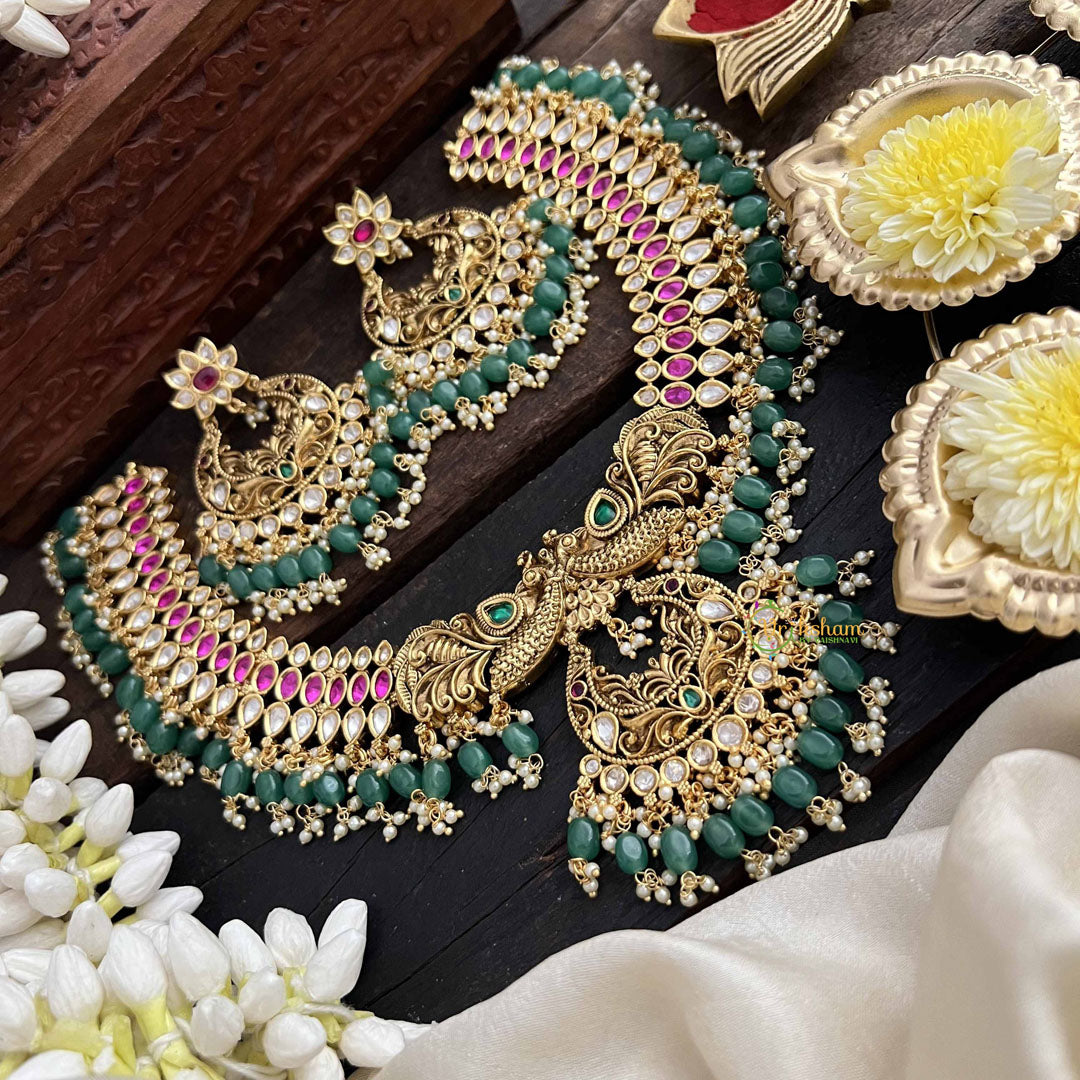 Vriksham Dual Peacock & Concert Pendant Style Short Neckpiece-Pearl-Green Bead-G20541