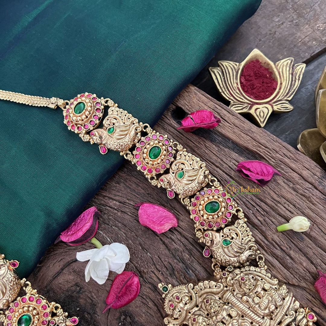 Vriksham Temple Lakshmi Nakshi Pendant With Peacock Floral 1 gm Gold Neckpiece-Red Green-G18930