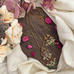 Vriksham Dual Peacock Navrathna Pendant Chain-Pearls-Green Bead-G15613