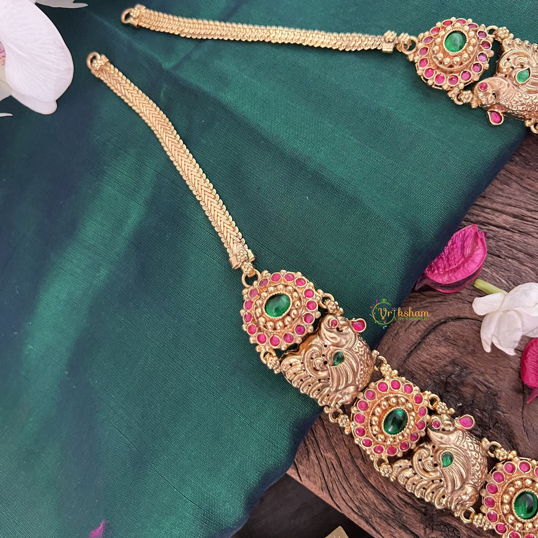 Vriksham Temple Lakshmi Nakshi Pendant With Peacock Floral 1 gm Gold Neckpiece-Red Green-G18930