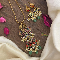 Vriksham Dual Peacock Navrathna Pendant Chain-Pearls-Green Bead-G15613