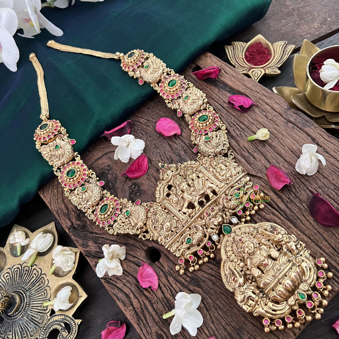 Vriksham Temple Lakshmi Nakshi Pendant With Peacock Floral 1 gm Gold Neckpiece-Red Green-G18930