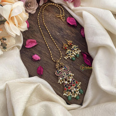 Vriksham Dual Peacock Navrathna Pendant Chain-Pearls-Green Bead-G15613