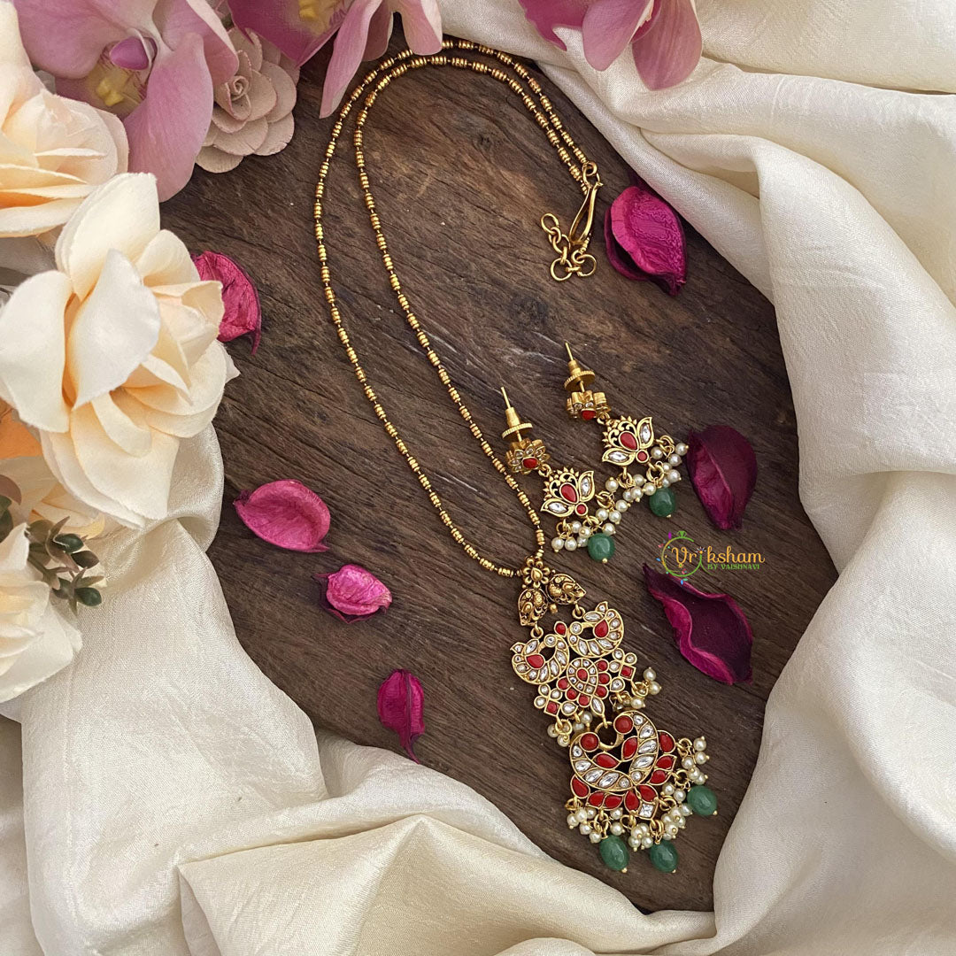 Vriksham Dual Peacock Coral Pendant Chain-Pearls-Green Bead-G15614