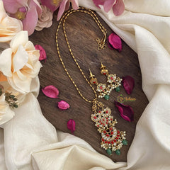 Vriksham Dual Peacock Coral Pendant Chain-Pearls-Green Bead-G15614