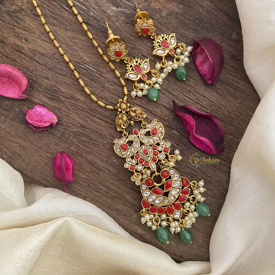 Vriksham Dual Peacock Coral Pendant Chain-Pearls-Green Bead-G15614