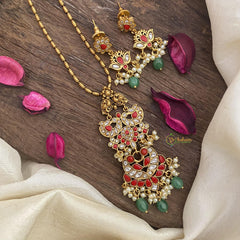 Vriksham Dual Peacock Coral Pendant Chain-Pearls-Green Bead-G15614