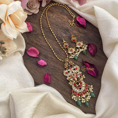 Vriksham Dual Peacock Coral Pendant Chain-Pearls-Green Bead-G15614