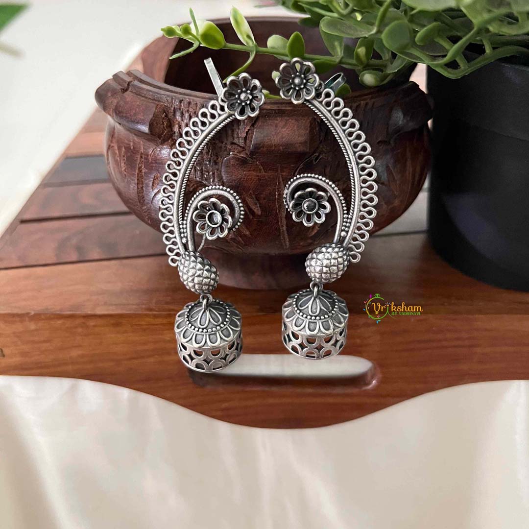Vriksham Oxidized Silver Floral Ear-Cuff Jhumkas Earrings-White-S1112