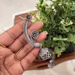 Vriksham Oxidized Silver Floral Ear-Cuff Jhumkas Earrings-White-S1112