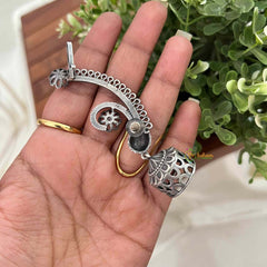 Vriksham Oxidized Silver Floral Ear-Cuff Jhumkas Earrings-White-S1112