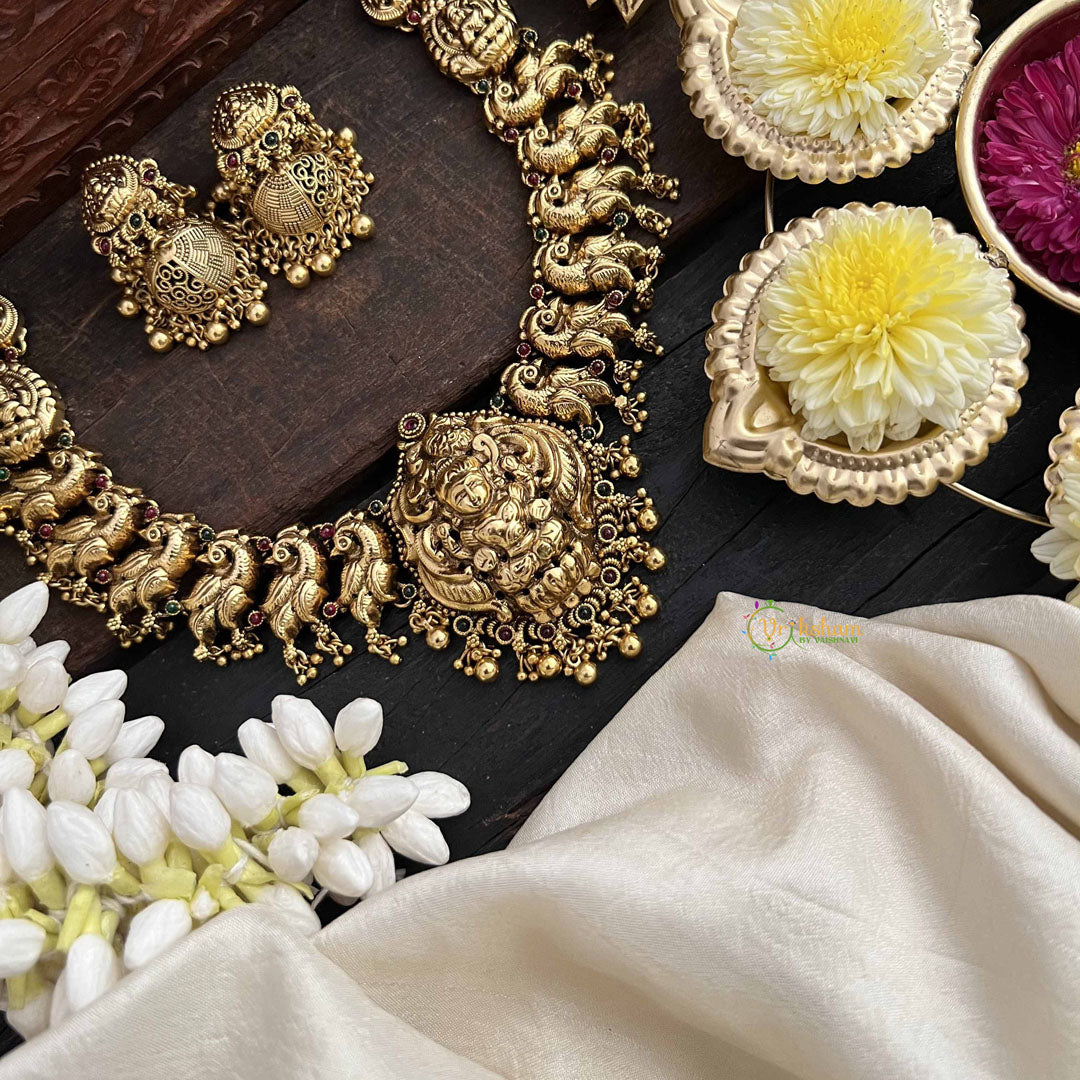 Vriksham Antique Lakshmi With Golden Peacock Short Neckpiece-Gold Bead-G20537