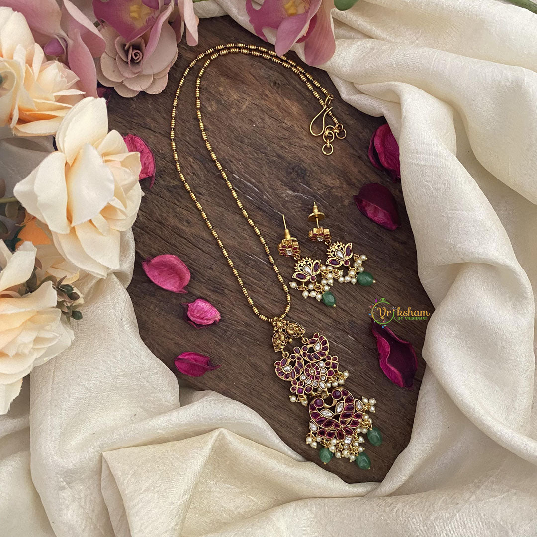 Vriksham Dual Peacock Pendant Chain-Red-Pearls-Green Bead-G15611