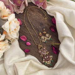 Vriksham Dual Peacock Pendant Chain-Red-Pearls-Green Bead-G15611