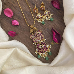 Vriksham Dual Peacock Pendant Chain-Red-Pearls-Green Bead-G15611
