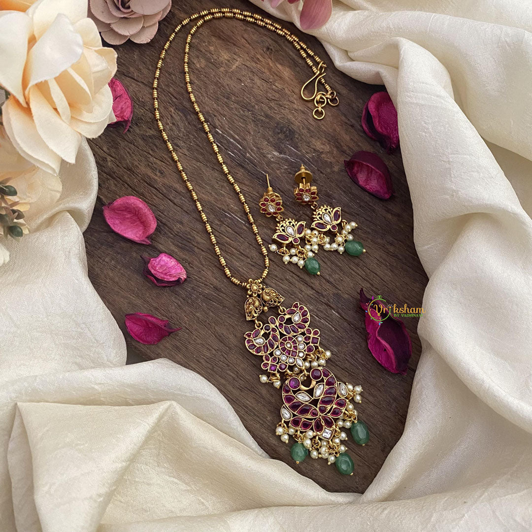 Vriksham Dual Peacock Pendant Chain-Red-Pearls-Green Bead-G15611