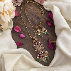 Vriksham Dual Peacock Pendant Chain-Red-Pearls-Green Bead-G15611