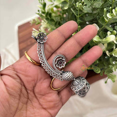 Vriksham Oxidized Silver Floral Ear-Cuff Jhumkas Earrings-Red-S1111