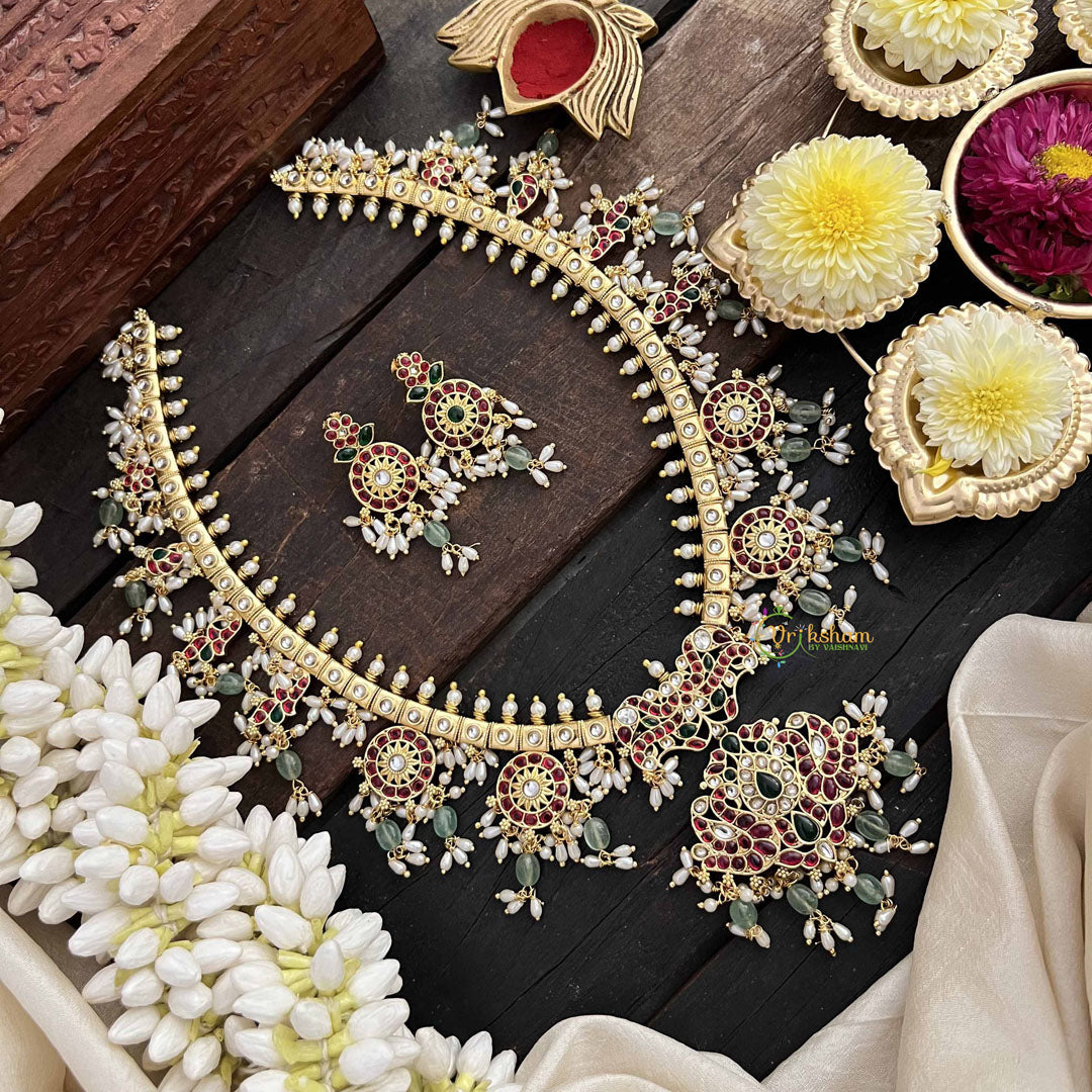 Vriksham Antique Floral & Peacock Guttapusalu Long Neckpiece-Green Bead & Rice Pearl-G20544
