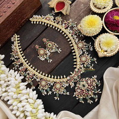 Vriksham Antique Floral & Peacock Guttapusalu Long Neckpiece-Green Bead & Rice Pearl-G20544