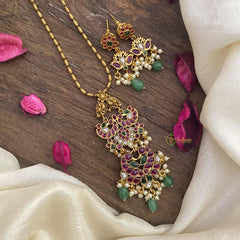 Vriksham Dual Peacock Pendant Chain-Red Green-Pearls-Green Bead-G15612