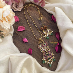 Vriksham Dual Peacock Pendant Chain-Red Green-Pearls-Green Bead-G15612