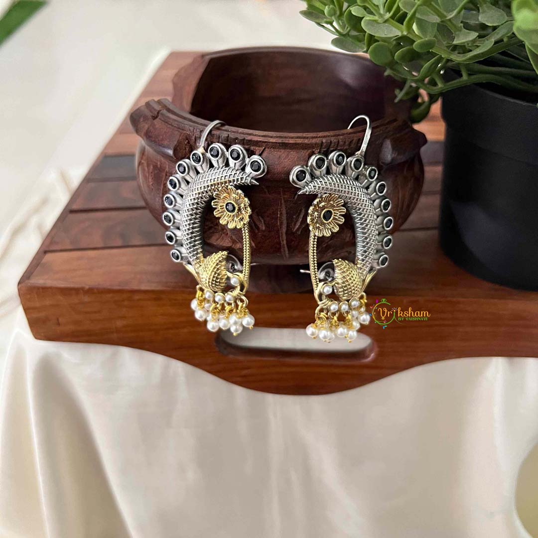 Vriksham Dual-Tone Oxidized Silver and Gold Peacock Earcuff Earrings-Black-S1114