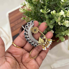 Vriksham Dual-Tone Oxidized Silver and Gold Peacock Earcuff Earrings-Black-S1114