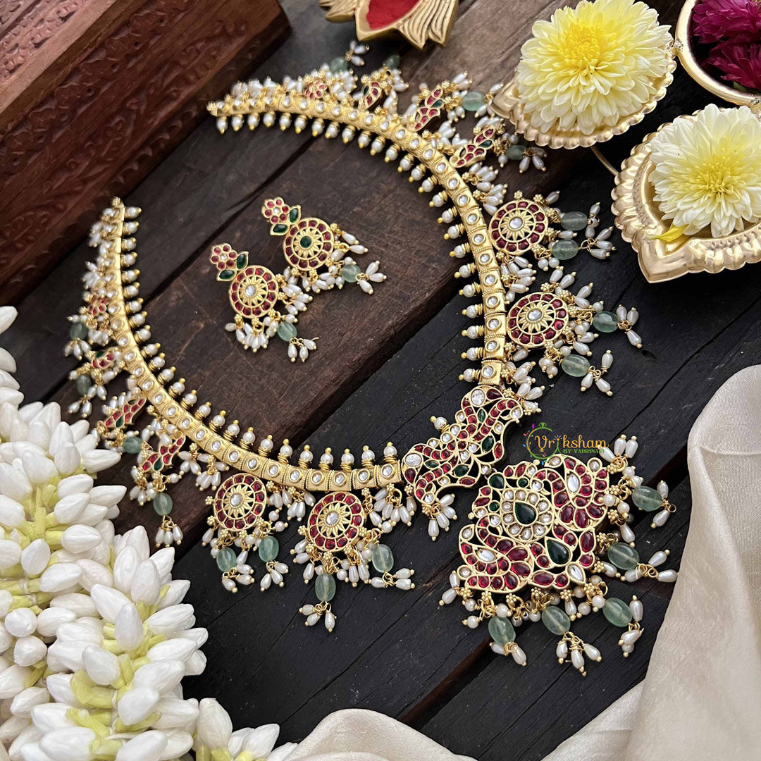 Vriksham Antique Floral & Peacock Guttapusalu Long Neckpiece-Green Bead & Rice Pearl-G20544