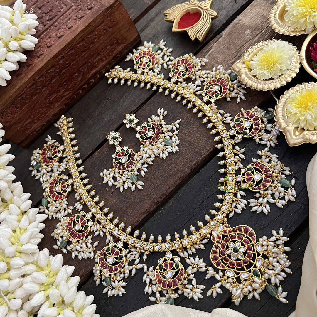 Vriksham Unique Dual Peacock Guttapusalu Long Neckpiece- Rice Pearls-G20545