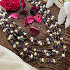 Royal Layered Jadau Kundan Pendant Chain -Pearl-Green & Purple Beads-J2293