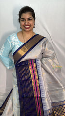 Vriksham Light Gary & Dark Blue Border With Gold Accents Silk Cotton Saree-VS4633