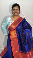 Vriksham Navy Blue With Orange Border Gold Plus Design Silk Cotton Saree-VS4642