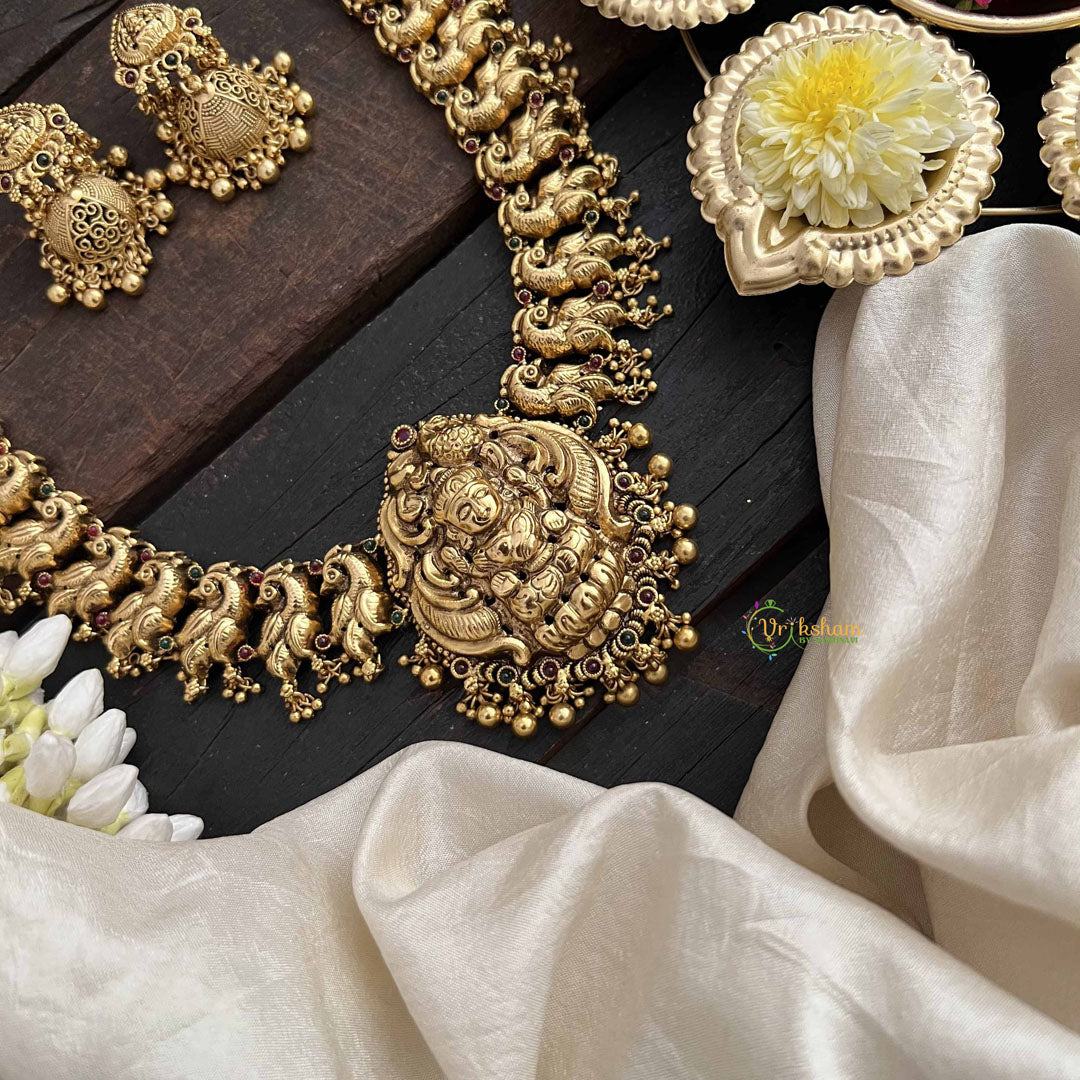 Vriksham Gold Alike Peacock Grace & Lakshmi Pendant Long Neckpiece-Gold Bead-G20548