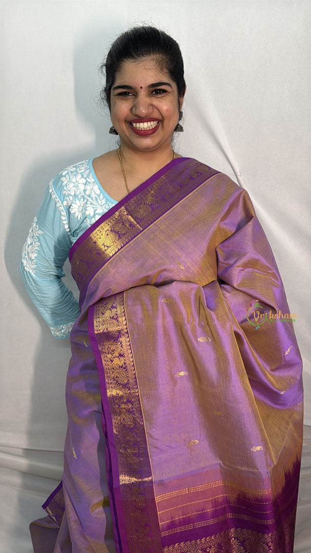 Vriksham Double Shade Lavender With Golden Buttis Designs Border Silk Cotton Saree-VS4640
