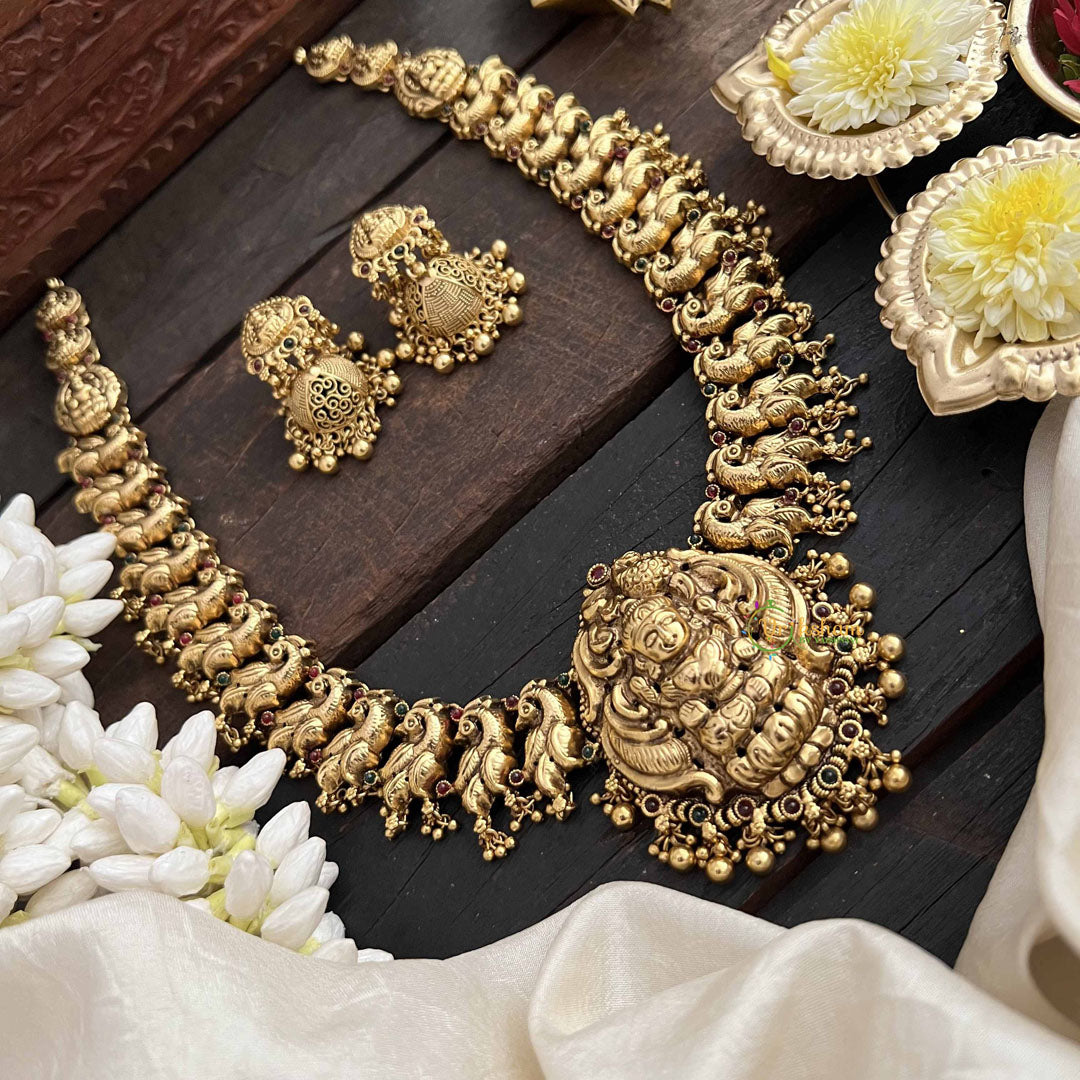 Vriksham Gold Alike Peacock Grace & Lakshmi Pendant Long Neckpiece-Gold Bead-G20548
