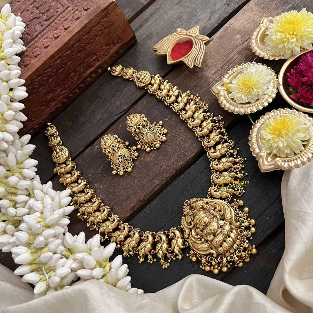 Vriksham Gold Alike Peacock Grace & Lakshmi Pendant Long Neckpiece-Gold Bead-G20548
