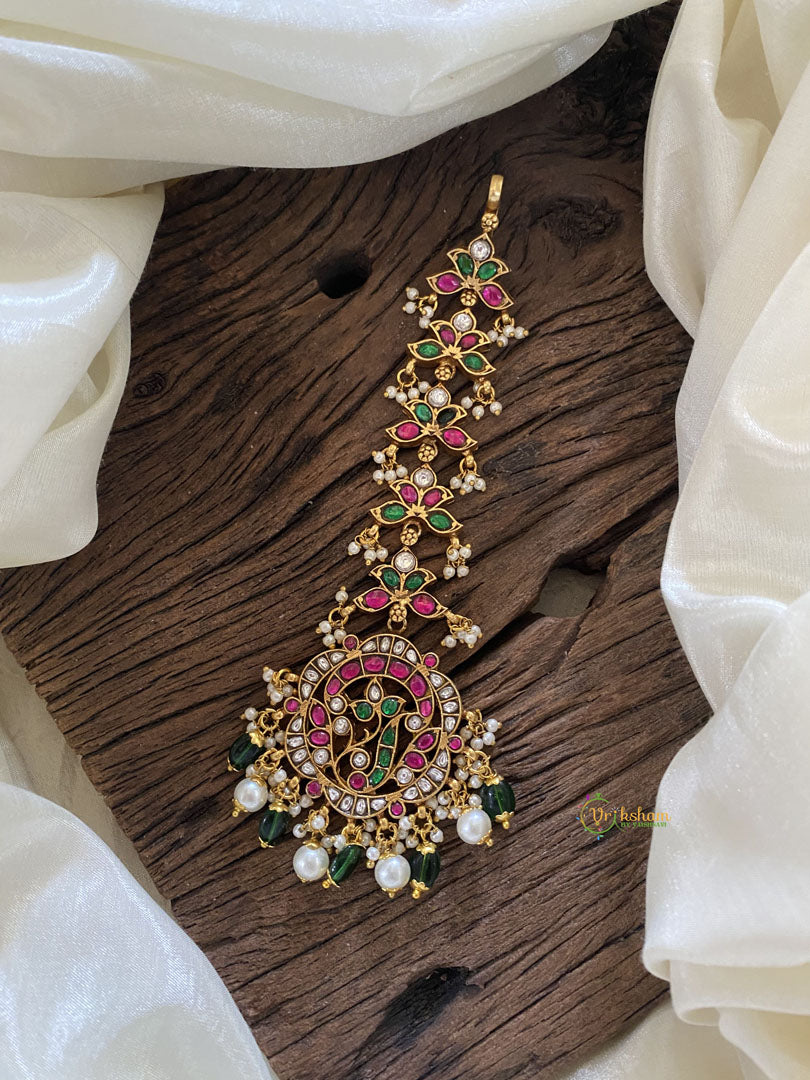 Traditional Kudan Jadau Maang Tikka - Floral Leaf - Beads and Pearls - J2003