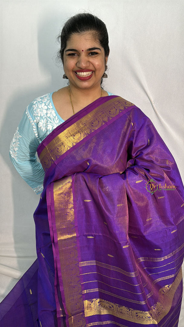 Vriksham Purple With Zari Weaving & Elephant Border Silk Cotton Saree-VS4627