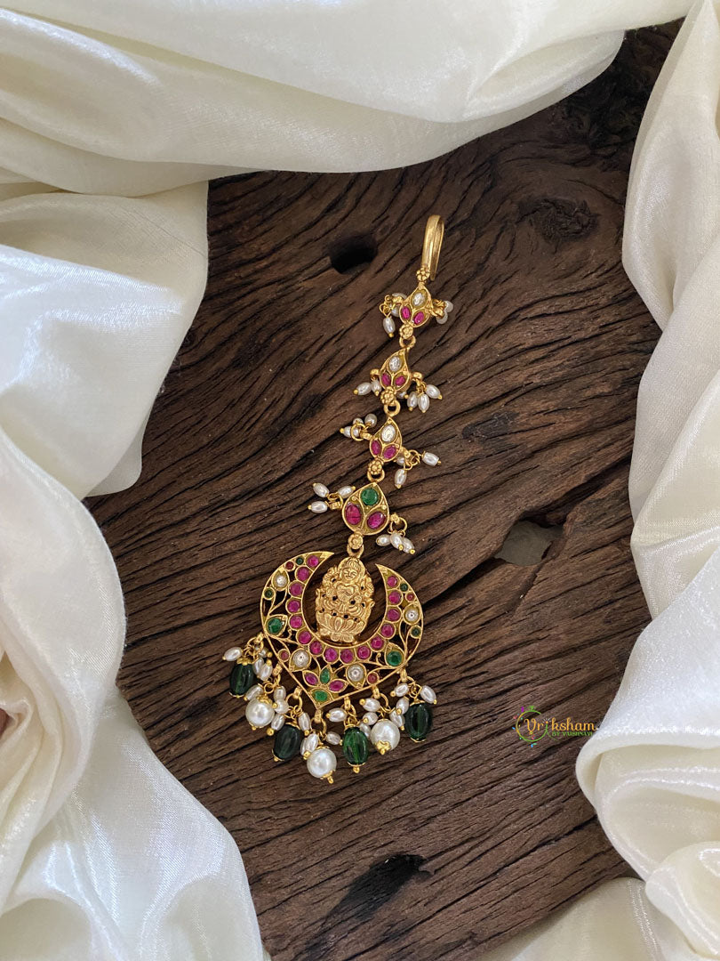 Traditional Kundan Jadau Temple Maang Tikka -Lakshmi- Beads and Pearls - J2004