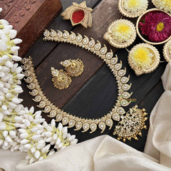 Vriksham Elegant White Manga & Peacock Pendant Long Neckpiece-Gold Bead-G20546