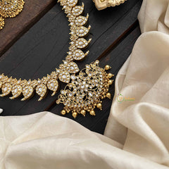 Vriksham Elegant White Manga & Peacock Pendant Long Neckpiece-Gold Bead-G20546
