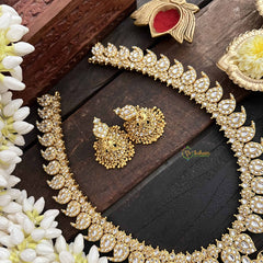 Vriksham Elegant White Manga & Peacock Pendant Long Neckpiece-Gold Bead-G20546