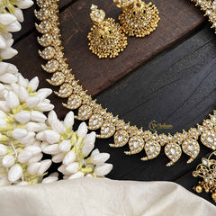 Vriksham Elegant White Manga & Peacock Pendant Long Neckpiece-Gold Bead-G20546