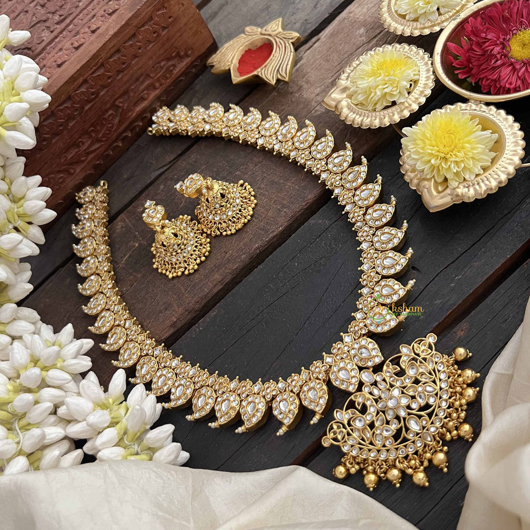 Vriksham Elegant White Manga & Peacock Pendant Long Neckpiece-Gold Bead-G20546