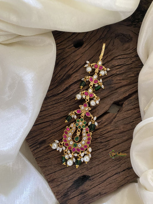 Indigenous Dual Peacock Kundan Jadau  Maang Patti with Baroque Pearls And Beads - J2043