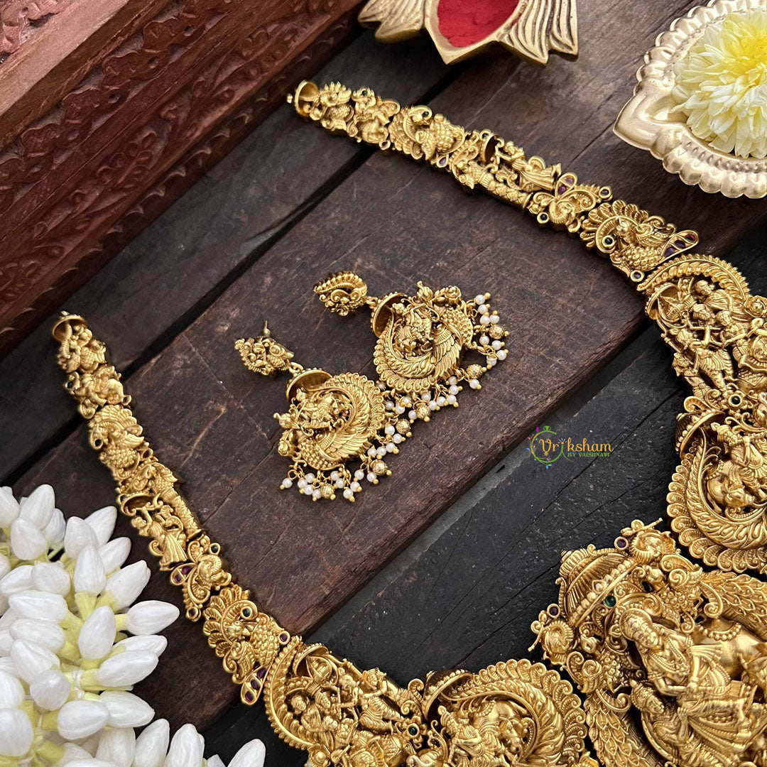 Vriksham Traditional Kamdhenu & Krishna Idol Gold Toned Long Neckpiece-Gold Bead-Pearls-G20550