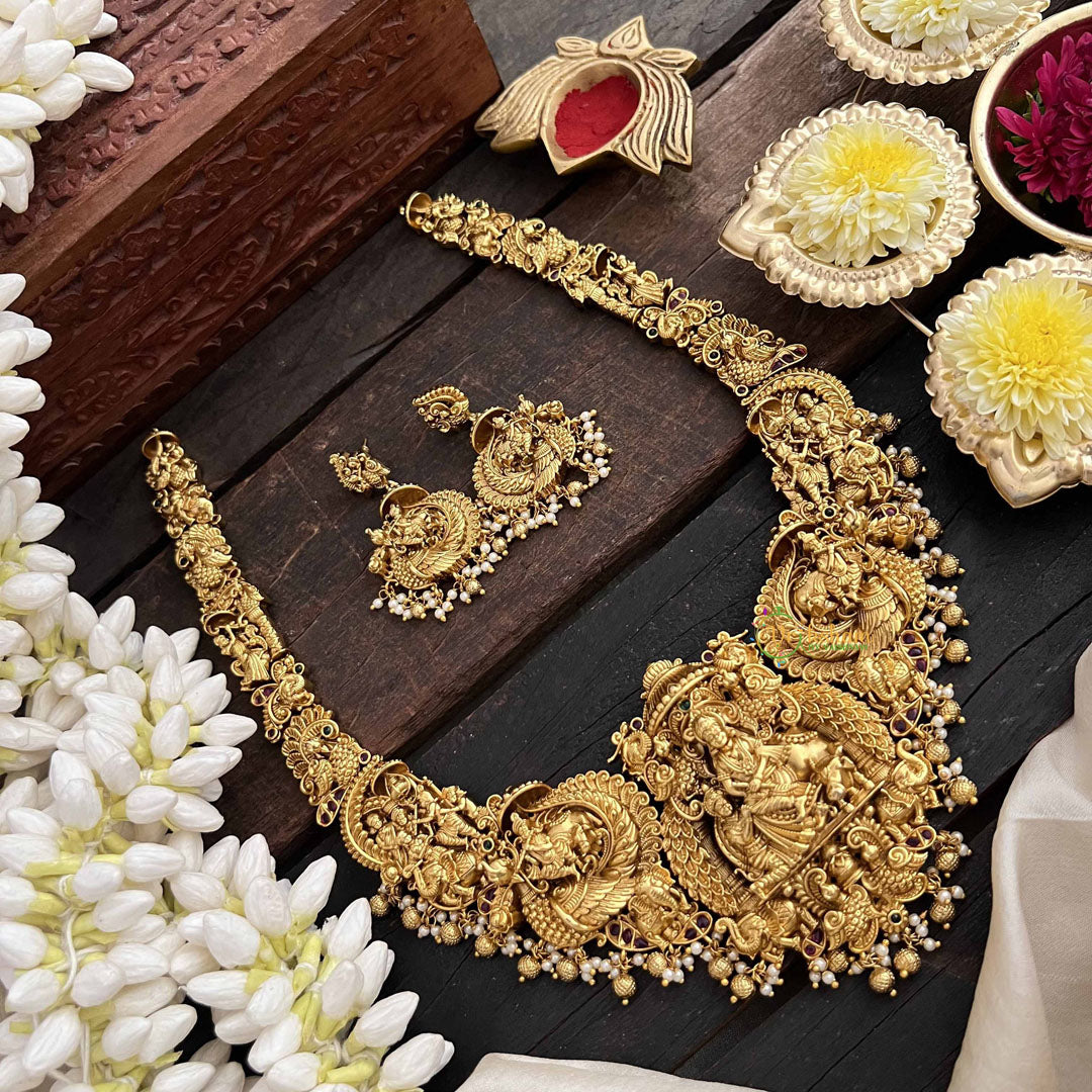 Vriksham Traditional Kamdhenu & Krishna Idol Gold Toned Long Neckpiece-Gold Bead-Pearls-G20550