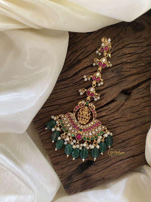 Golden Resemblance Authentic Bridal Kudan Jadau Nethi Chutti with Laxmi on Four Layered Lotus -Green Beads and Pearls - J1992